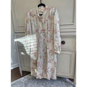 Sidha Vintage 80s Beige Floral Silk Long Sleeve Dress Size 8 Lined Lightweight